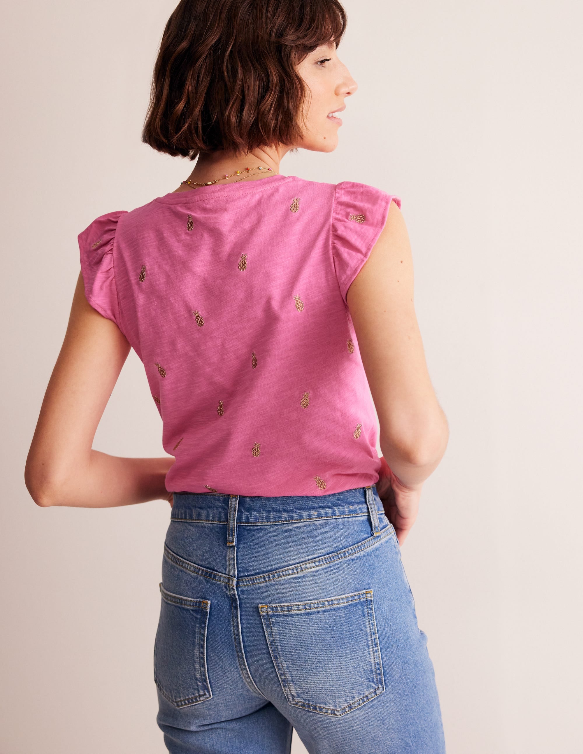 Dora Flutter Sleeve Top-Sangria Sunset, Pineapples - Image 3