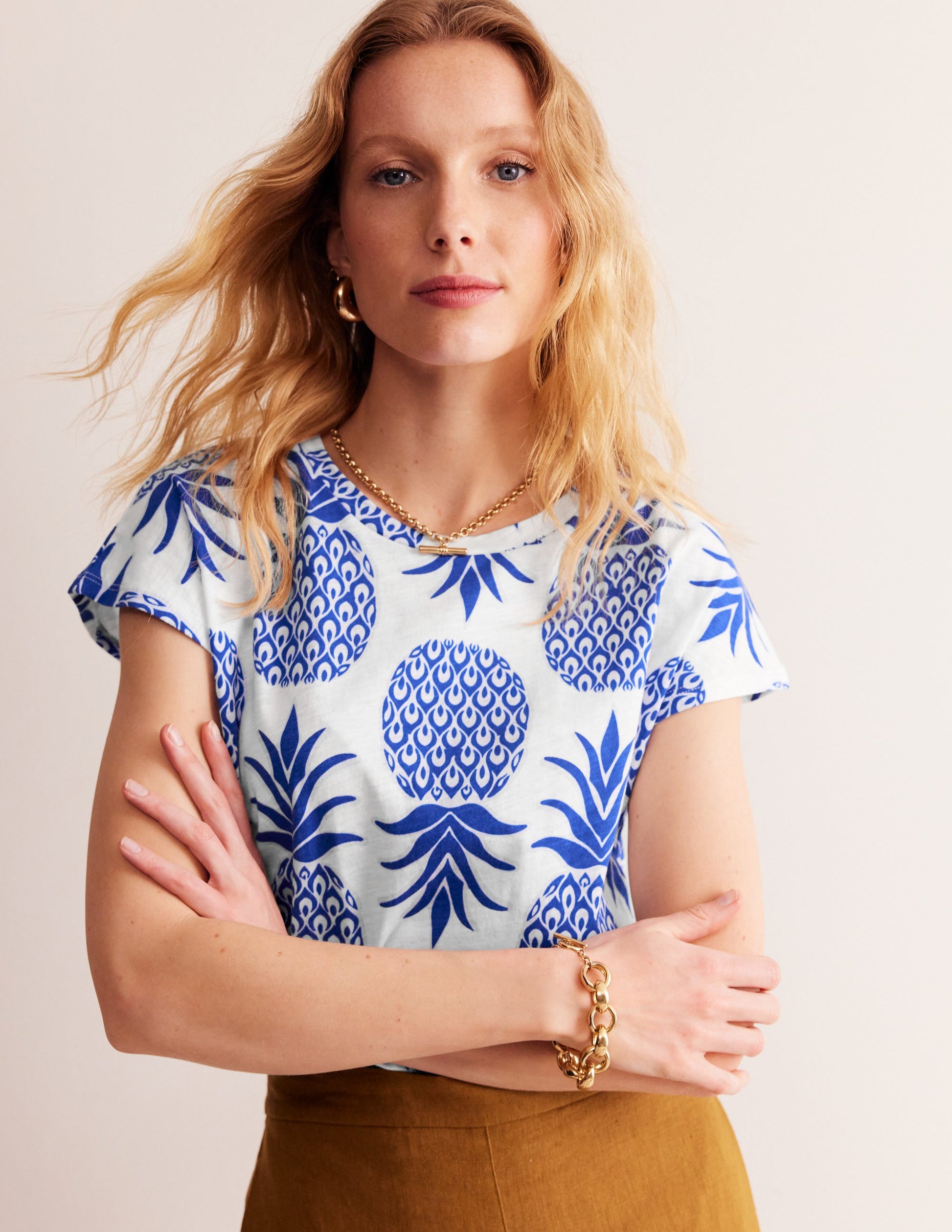 Louisa Printed Slub T-Shirt-Surf The Web, Pineapple Pop-1