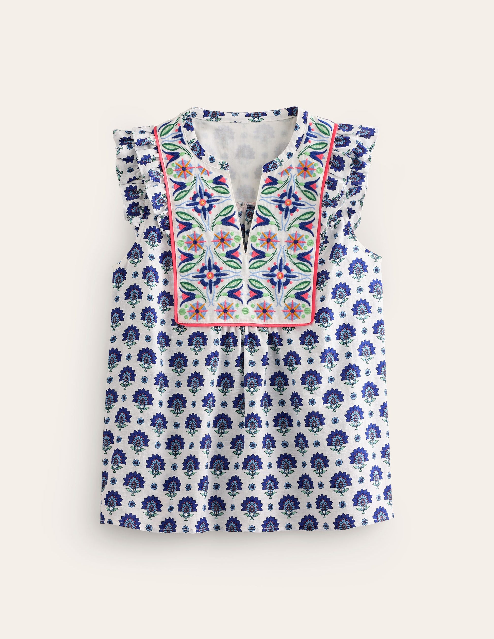 Frill Detail Embroidered Top-Bright Blue, Passion Geo-5