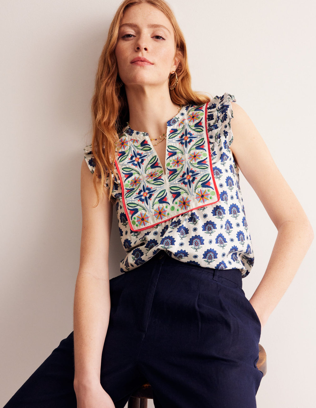 Frill Detail Embroidered Top-Bright Blue, Passion Geo - Image 1