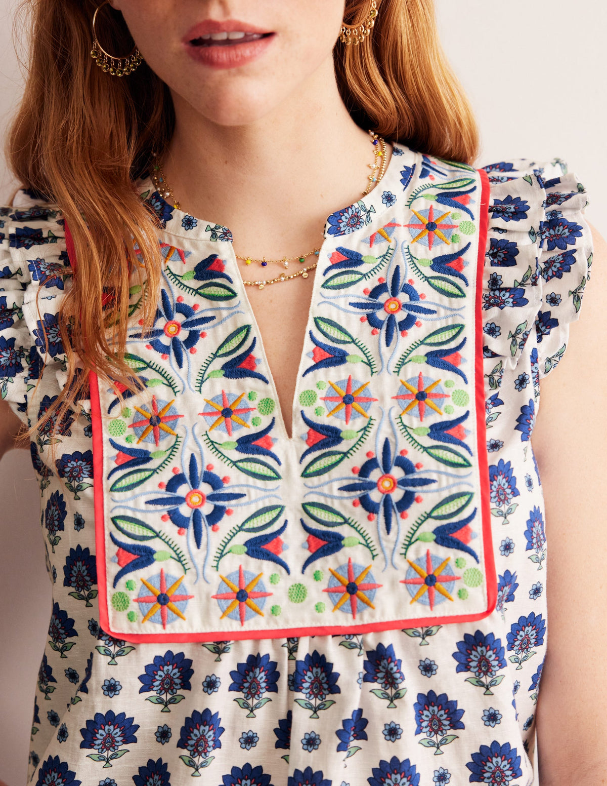 Frill Detail Embroidered Top-Bright Blue, Passion Geo-2