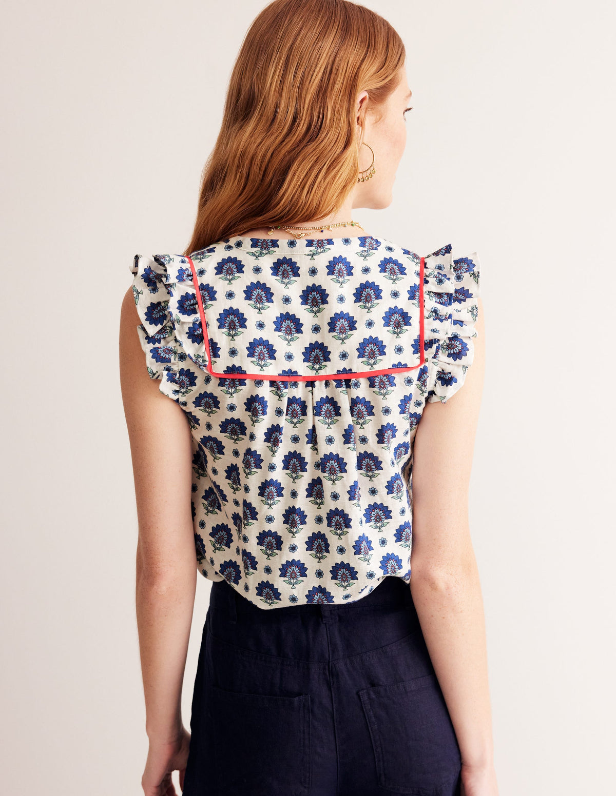 Frill Detail Embroidered Top-Bright Blue, Passion Geo - Image 3