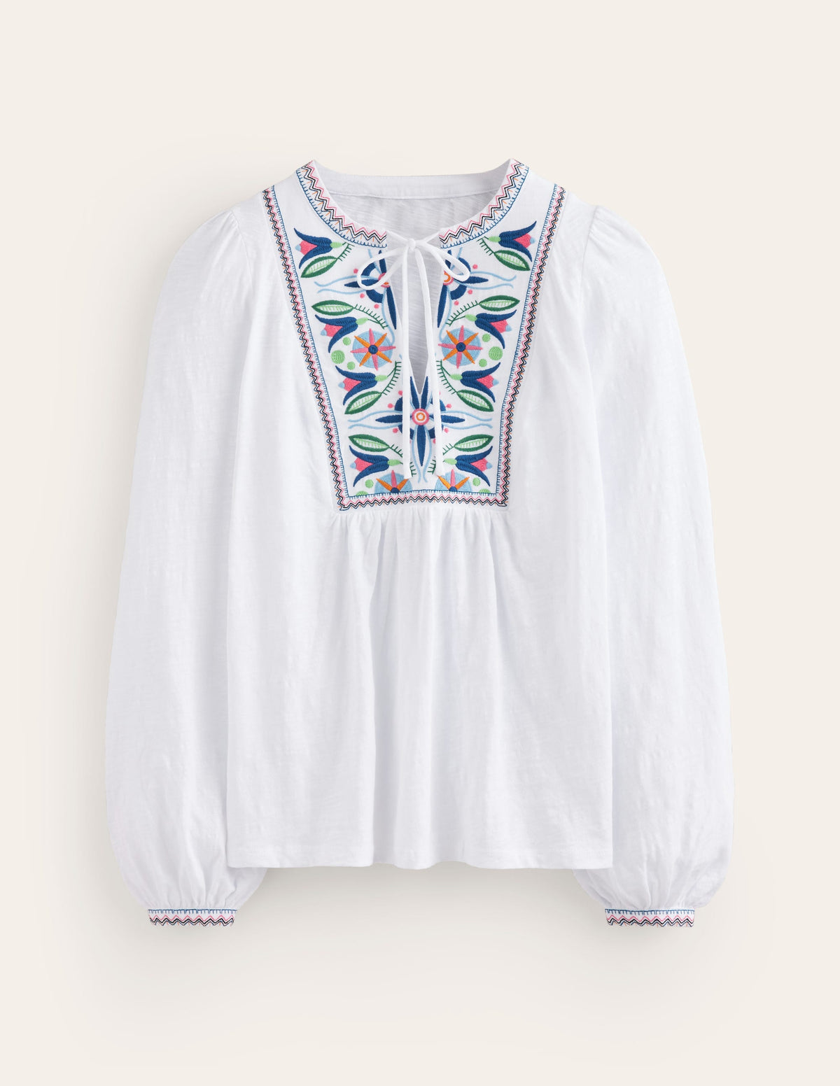 Embroidered Yoke Detail Top-White, Multi - Image 5