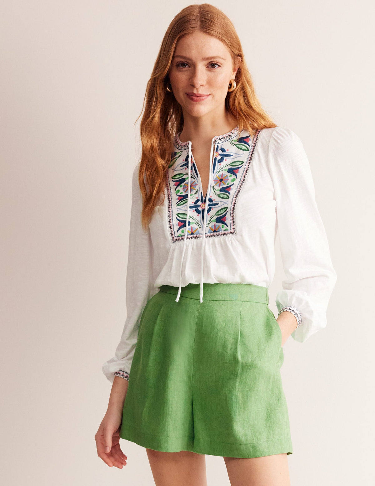 Embroidered Yoke Detail Top-White, Multi - Image 1
