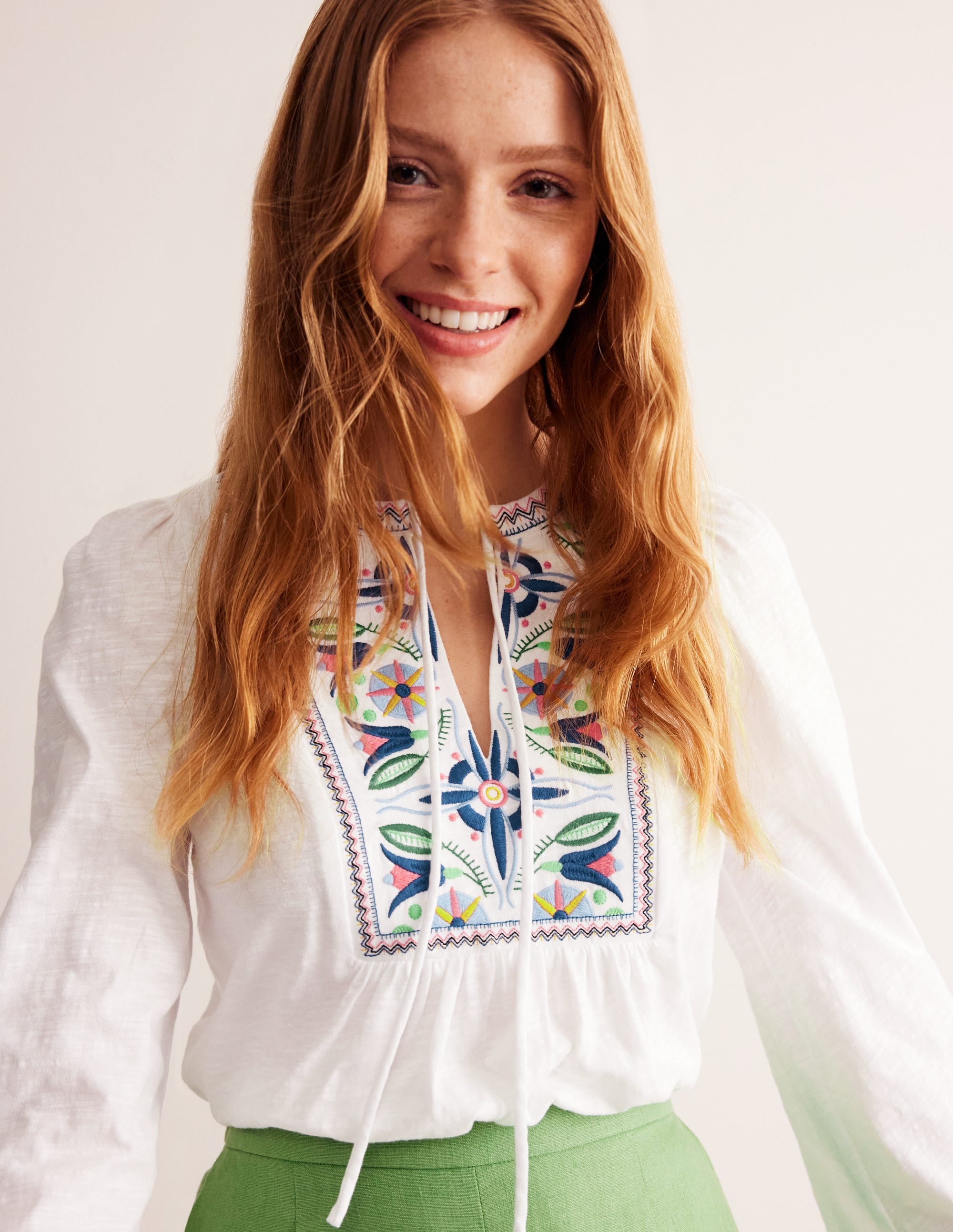 Embroidered Yoke Detail Top-White, Multi - Image 2