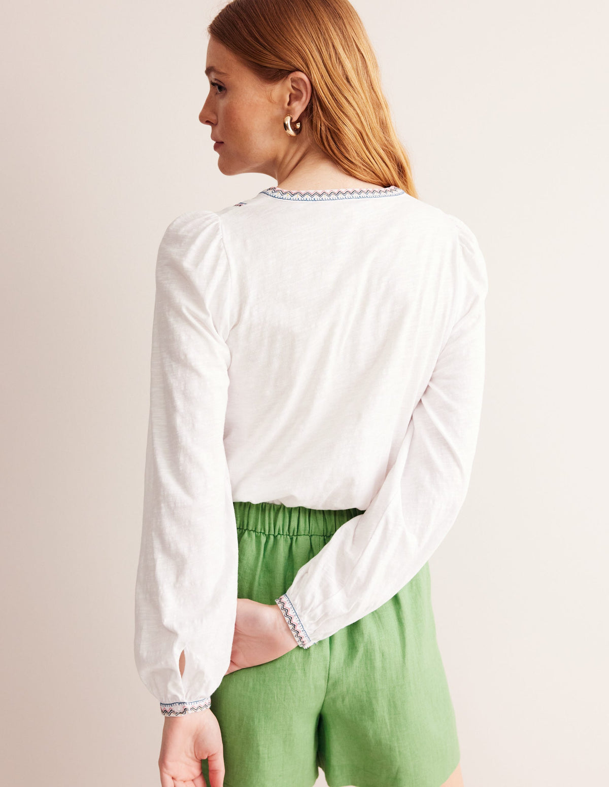 Embroidered Yoke Detail Top-White, Multi - Image 3