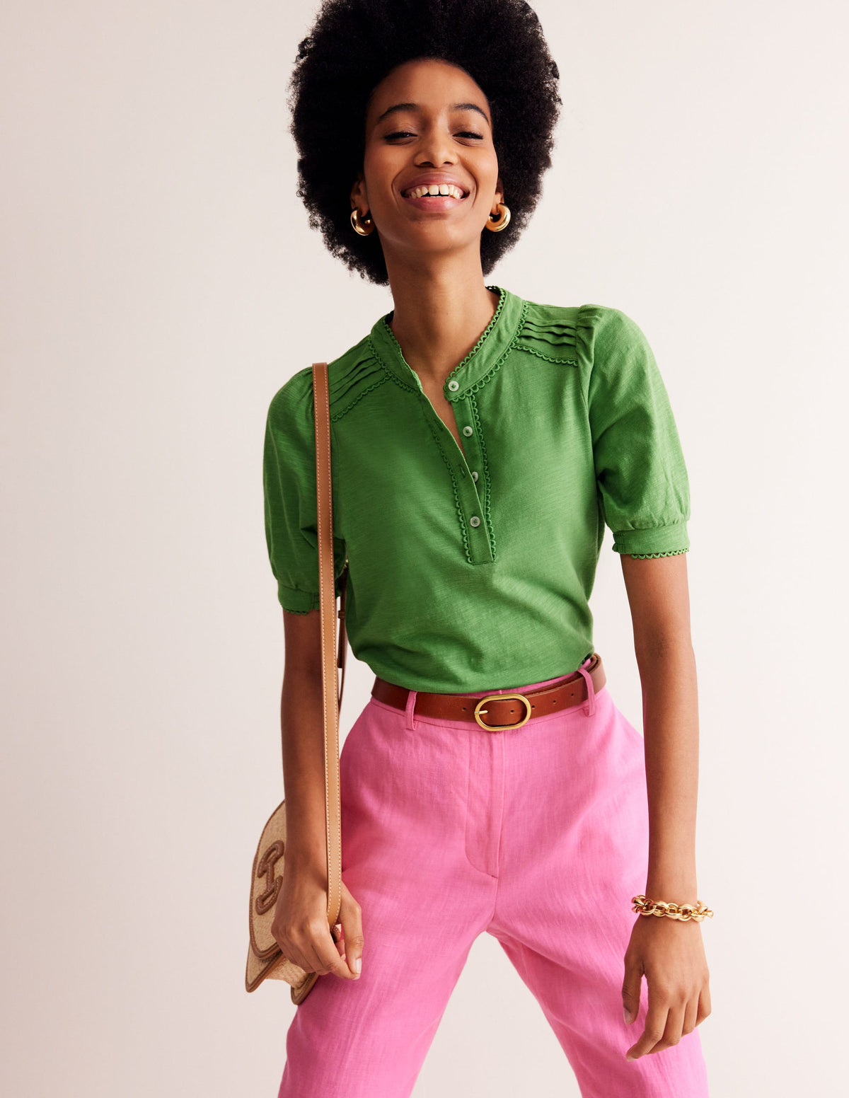 Pintuck Puff Sleeve Henley-Lichen - Image 2