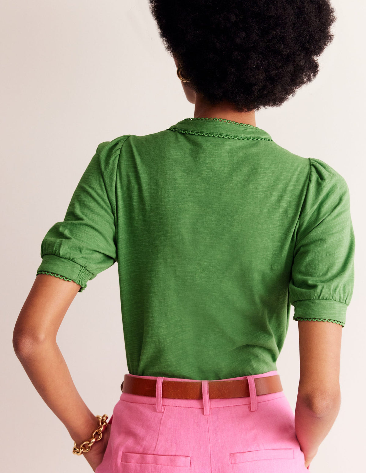 Pintuck Puff Sleeve Henley-Lichen - Image 4