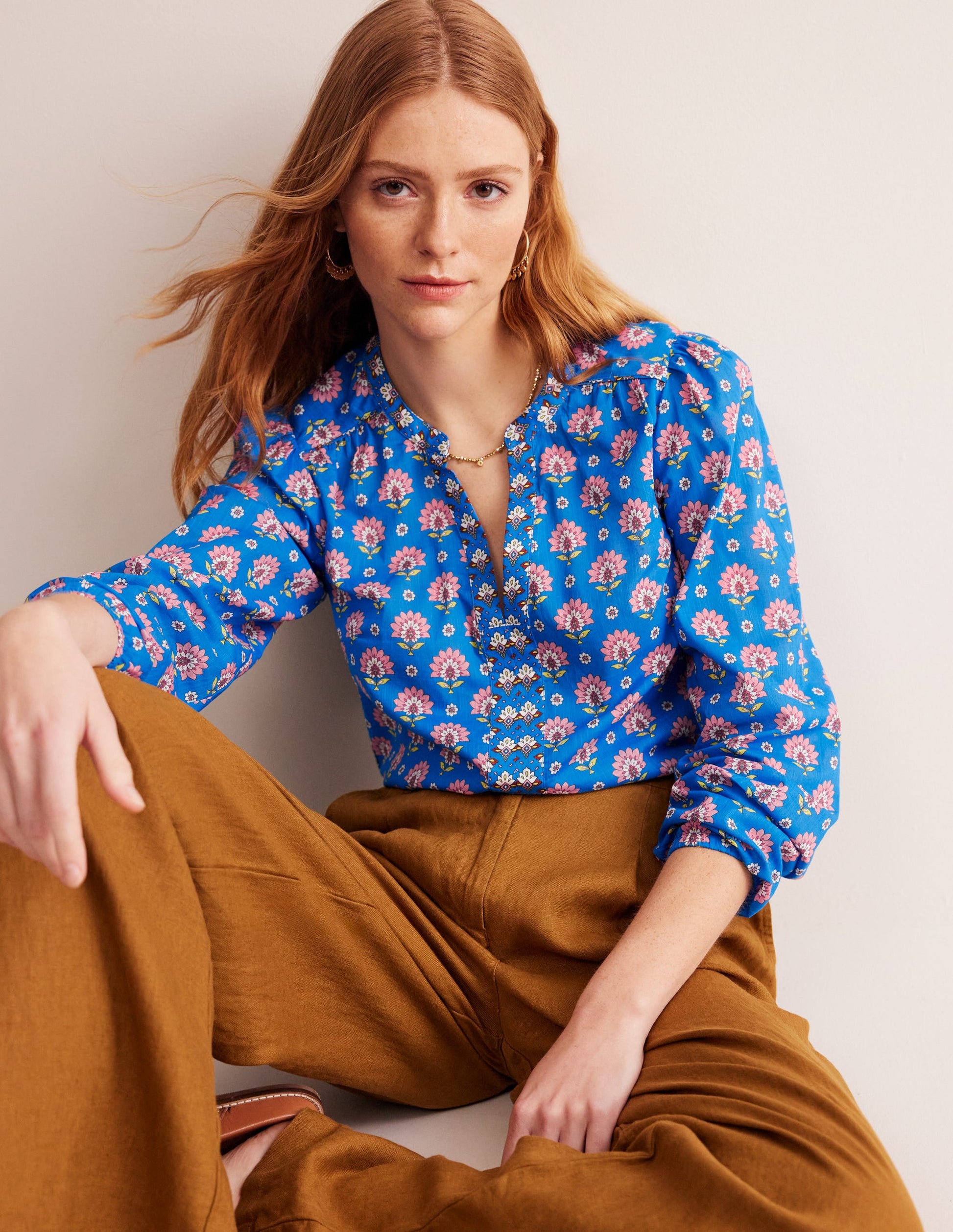Cotton Printed Top-Cerulean Blue, Passion Geo-1