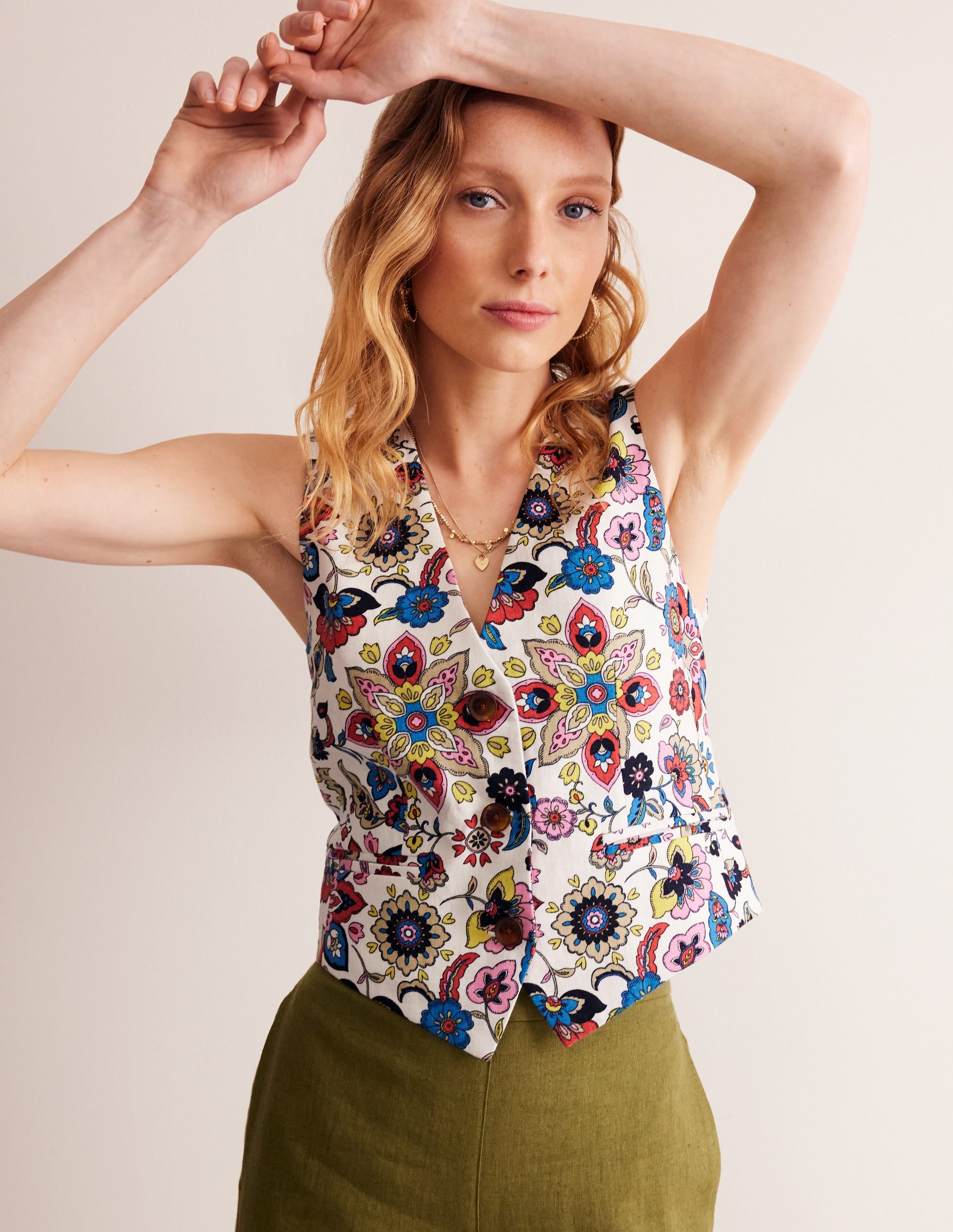 Linen V-Neck Waistcoat-Ivory, Botanic Sprig - Image 1