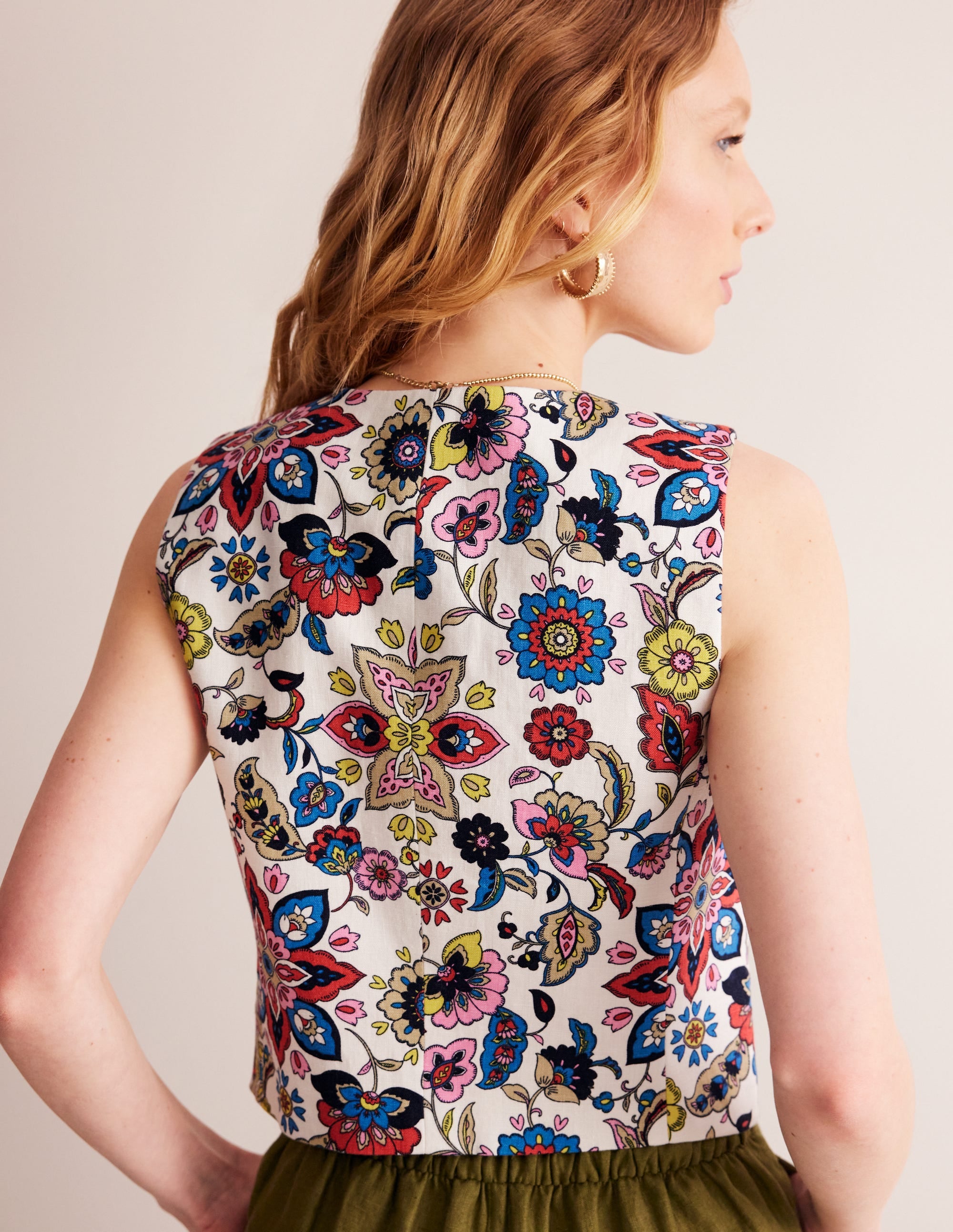 Linen V-Neck Waistcoat-Ivory, Botanic Sprig - Image 3