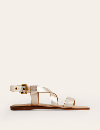 Cross Strap Flat Sandals-Gold Leather