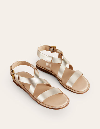 Cross Strap Flat Sandals-Gold Leather