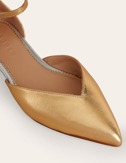 Ankle Strap Point Flats-Gold Metallic Leather