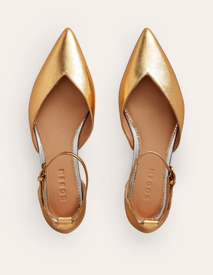 Ankle Strap Point Flats-Gold Metallic Leather