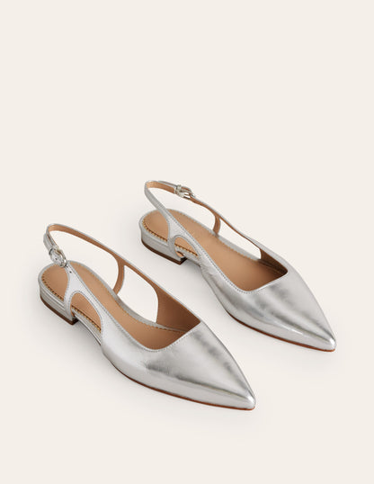 Cut Out Sling Back Flats-Silver Leather