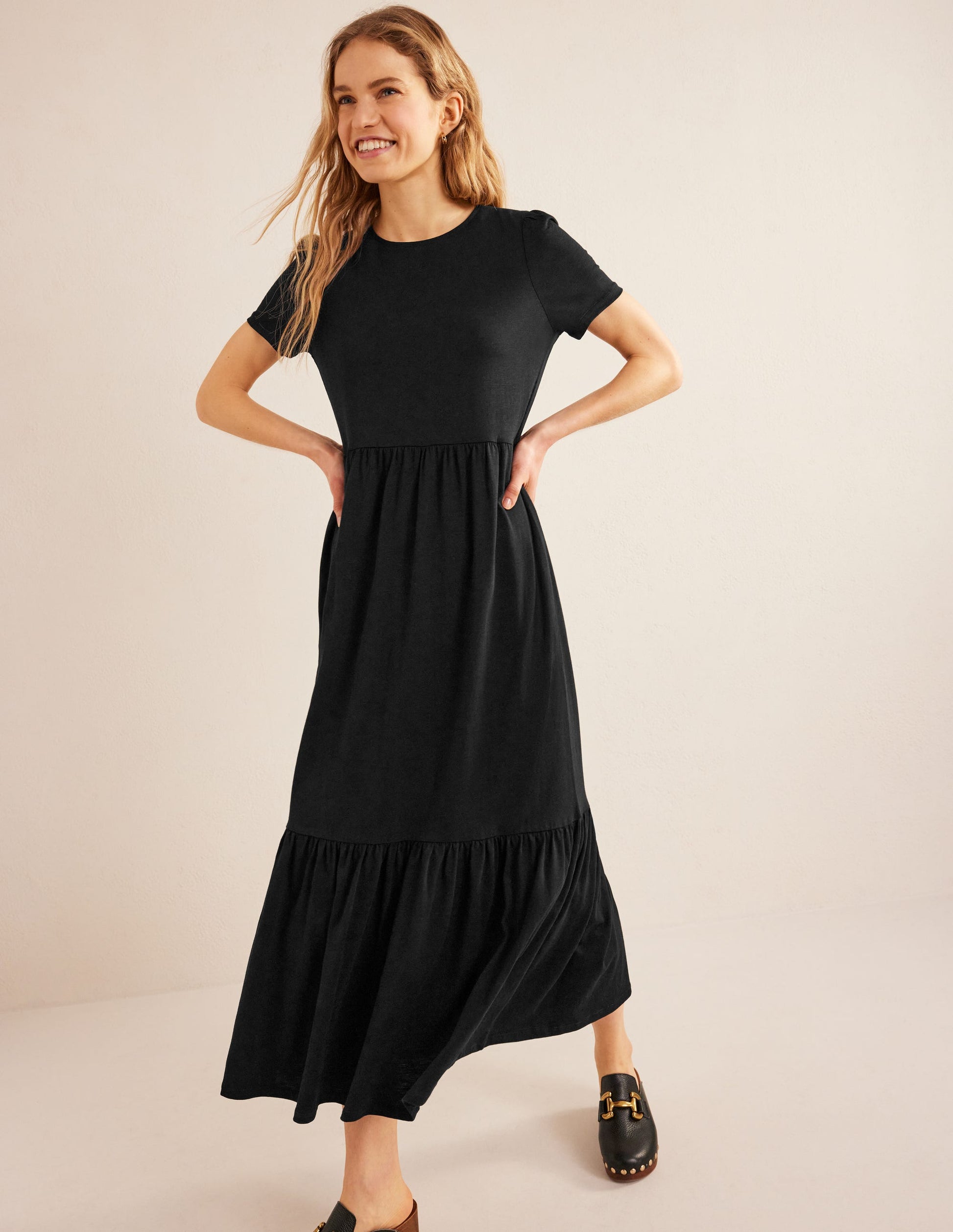 Emma Tiered Jersey Midi Dress-Black-1