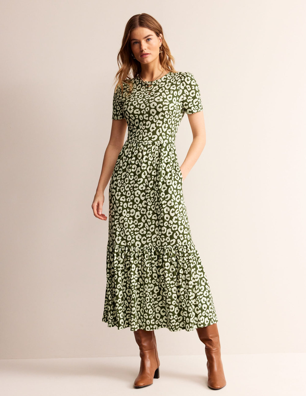 Emma Tiered Jersey Midi Dress-Moss, Animal Cheetah - Image 1