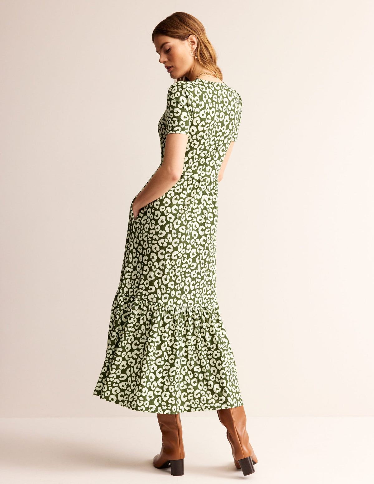 Emma Tiered Jersey Midi Dress-Moss, Animal Cheetah - Image 3