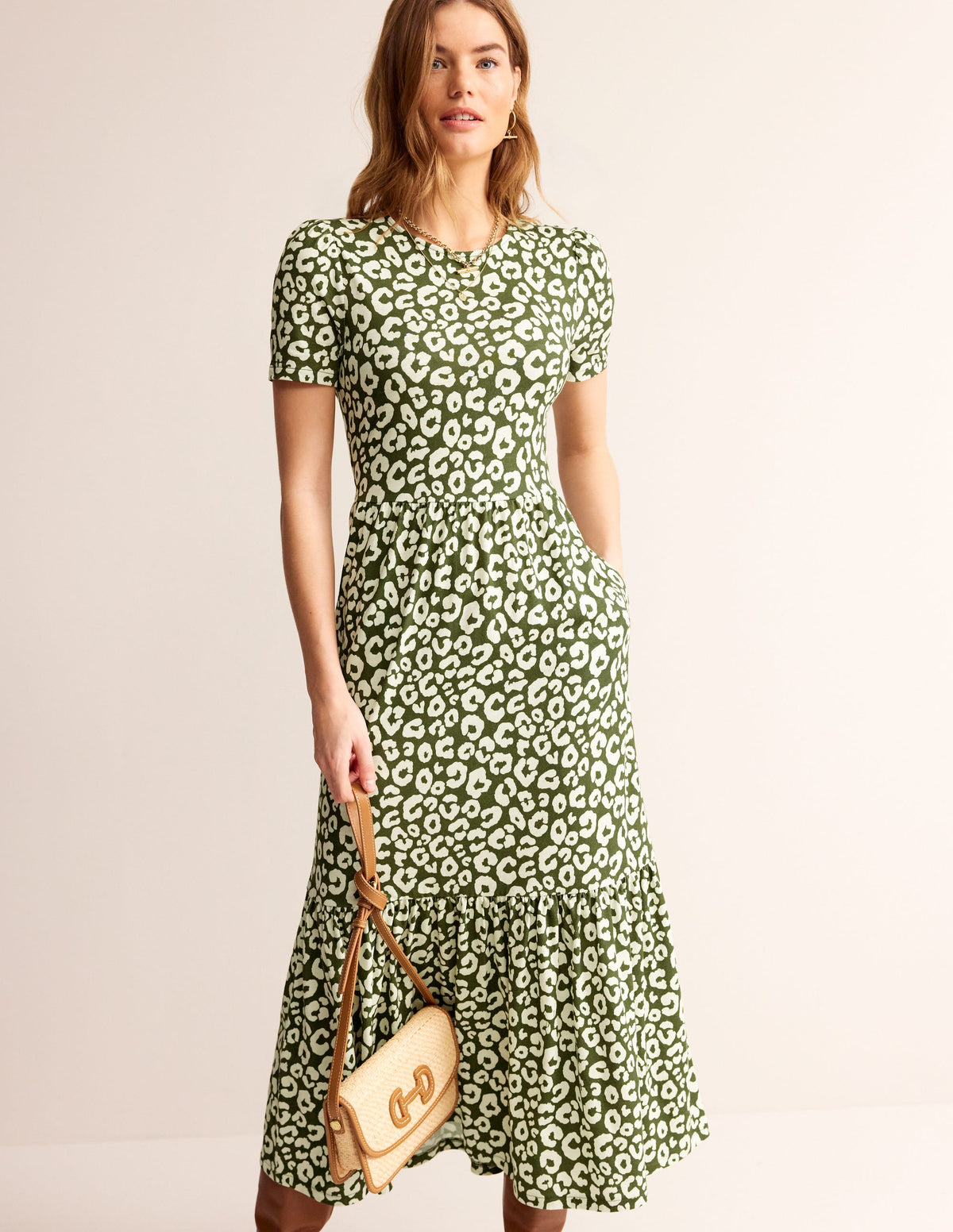 Emma Tiered Jersey Midi Dress-Moss, Animal Cheetah - Image 4