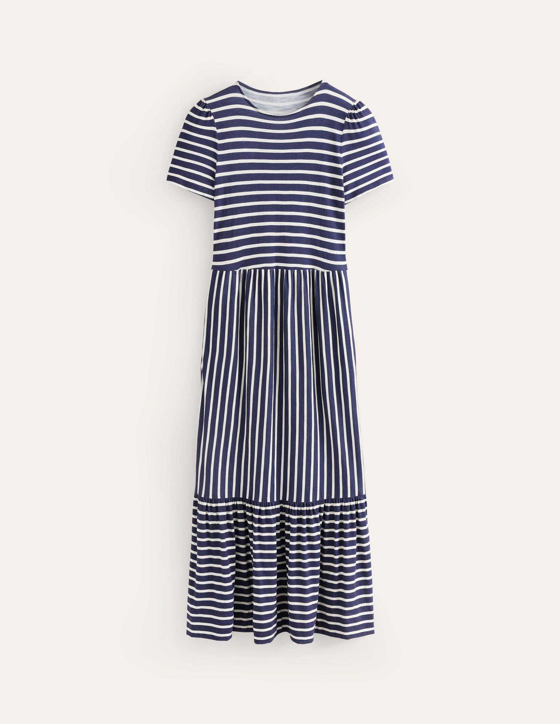 Emma Tiered Jersey Midi Dress-French Navy, Ivory Stripe-6