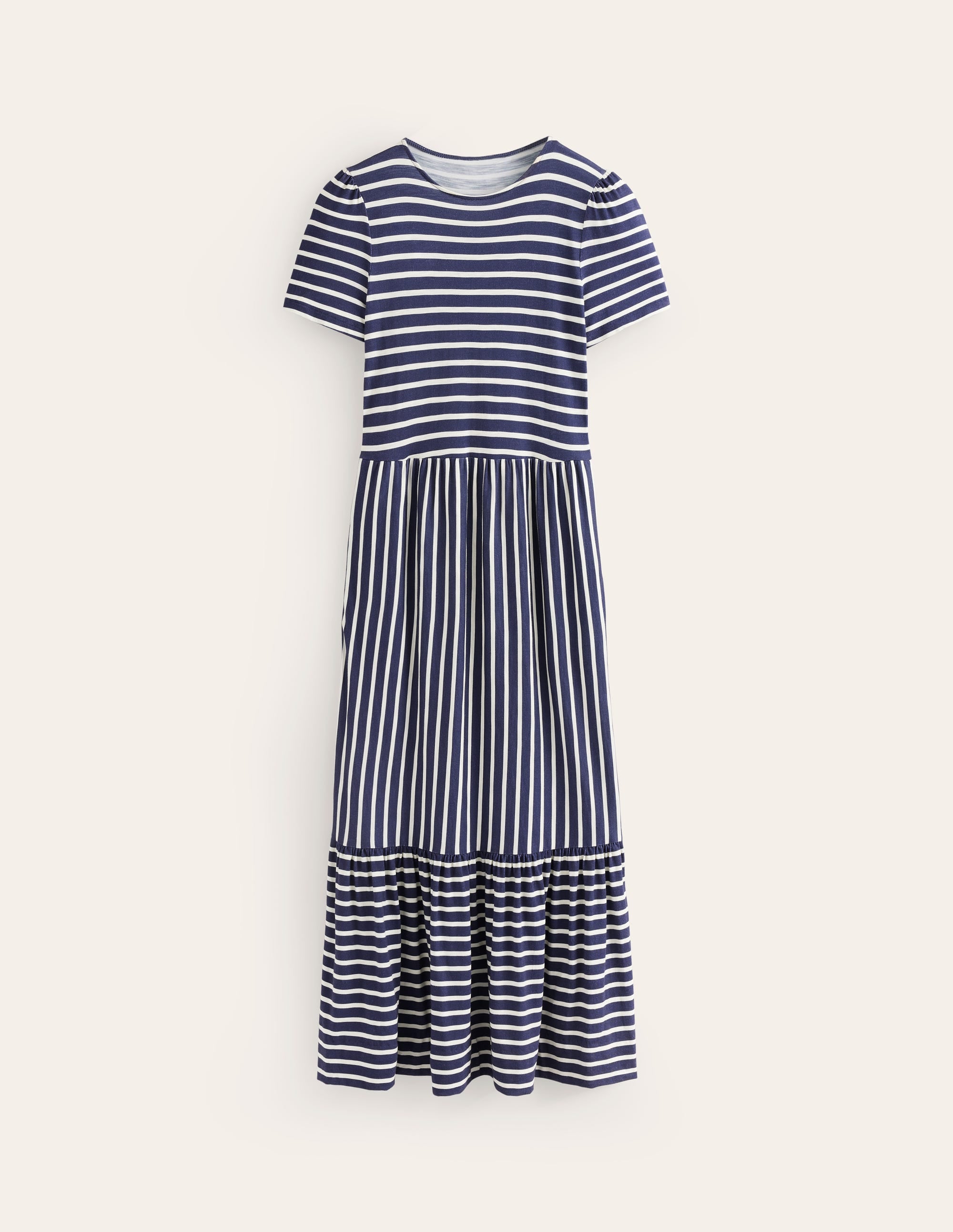 Emma Tiered Jersey Midi Dress-French Navy, Ivory Stripe - Image 6