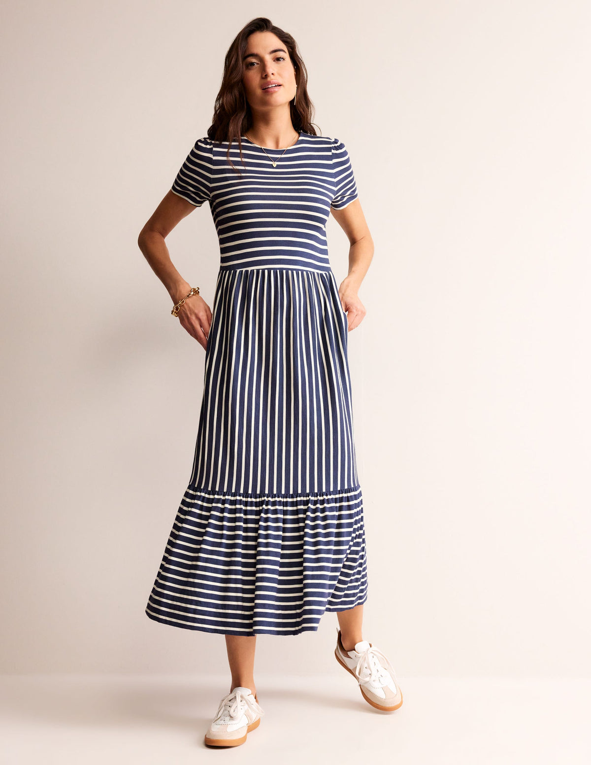 Emma Tiered Jersey Midi Dress-French Navy, Ivory Stripe-1