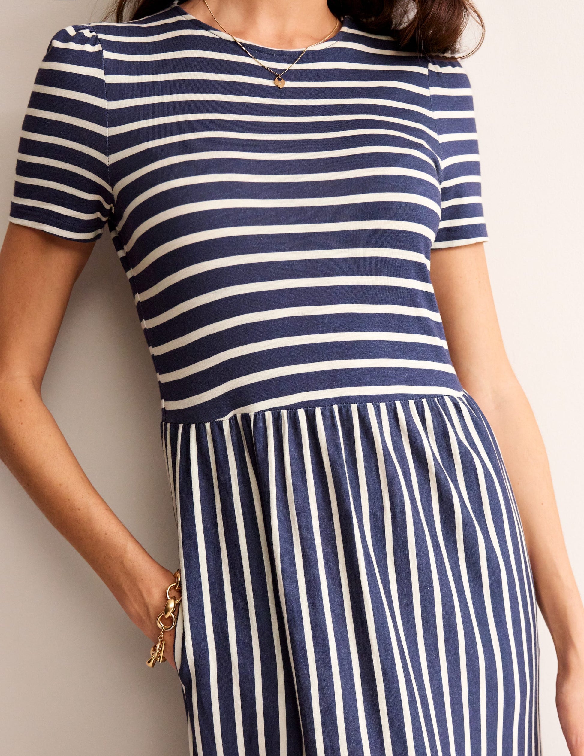 Emma Tiered Jersey Midi Dress-French Navy, Ivory Stripe-2