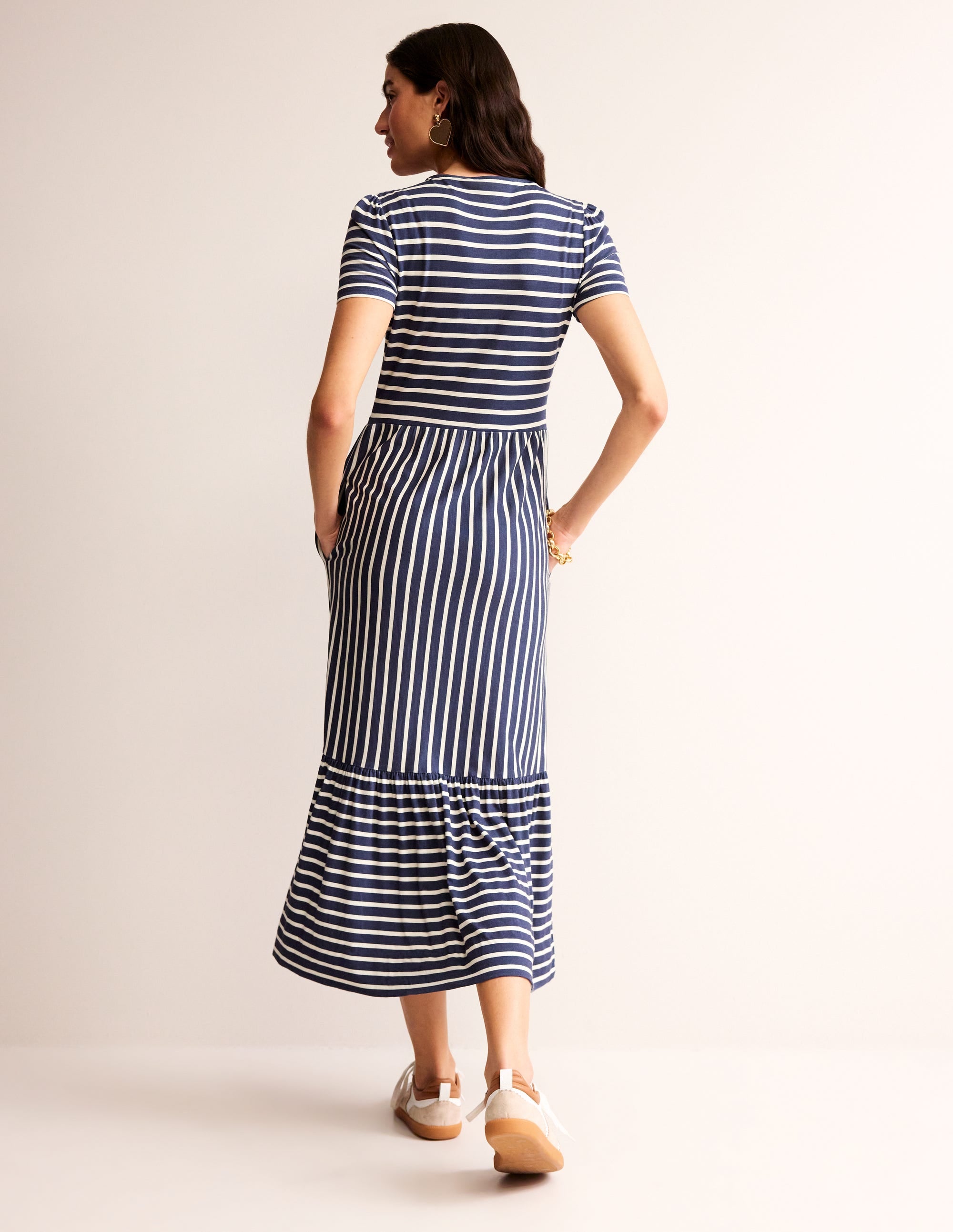 Emma Tiered Jersey Midi Dress-French Navy, Ivory Stripe - Image 3