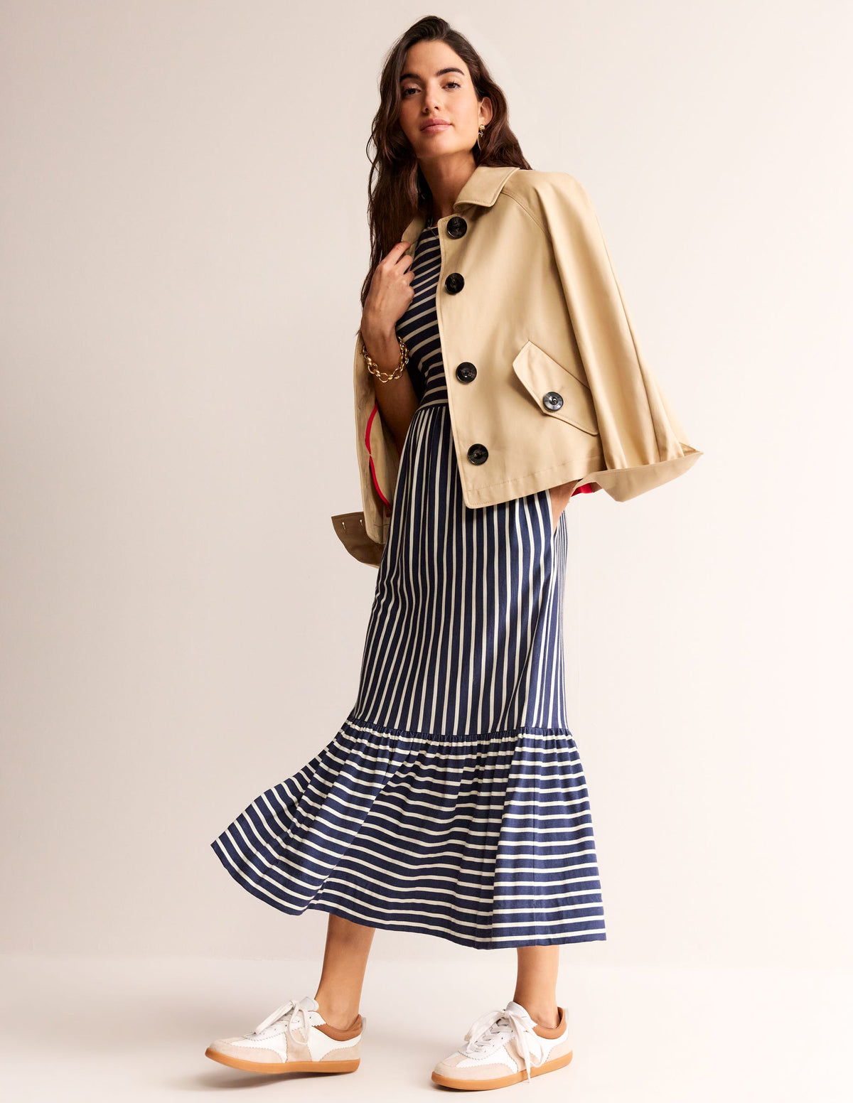 Emma Tiered Jersey Midi Dress-French Navy, Ivory Stripe-4
