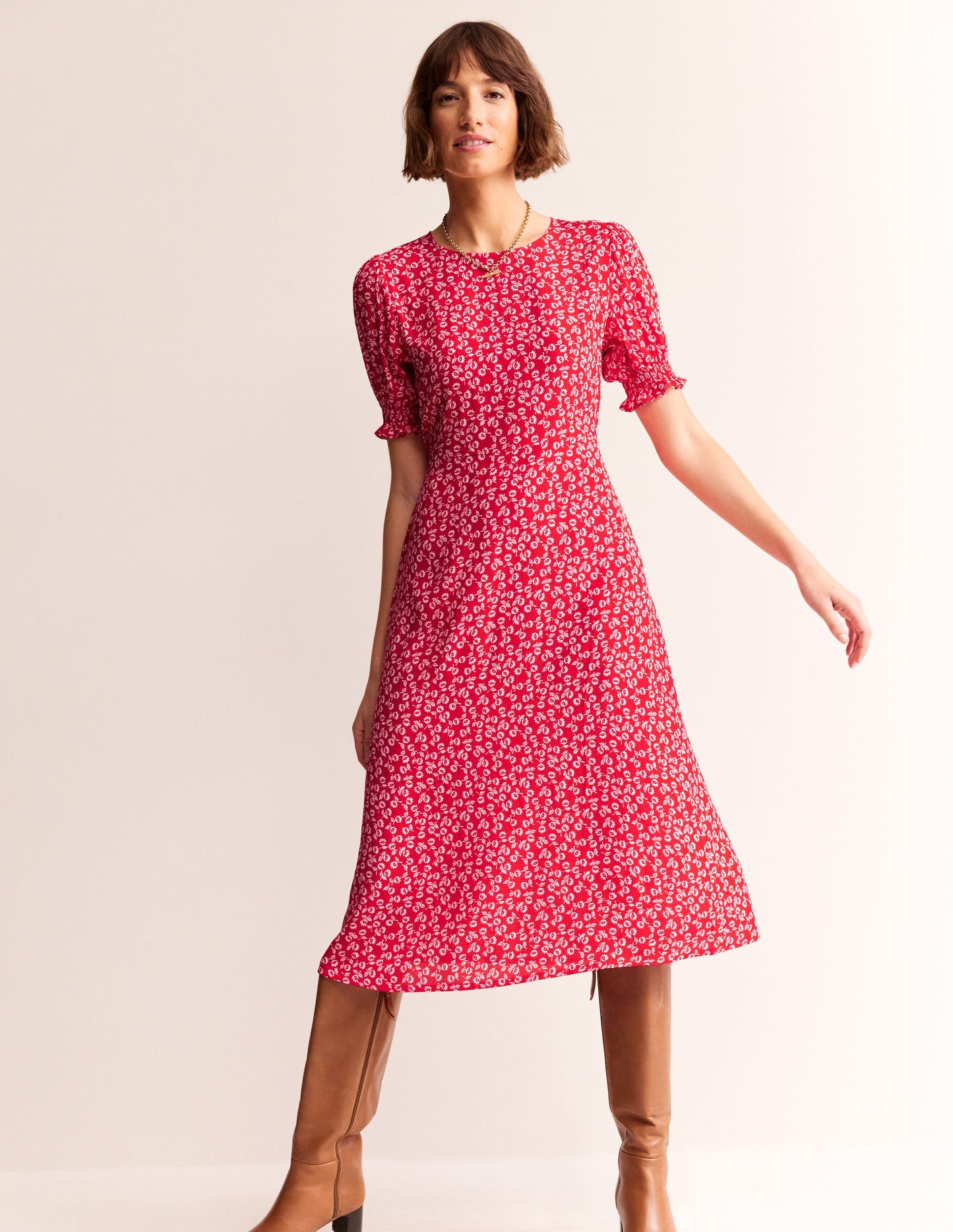 Corinne Midi Tea Dress-Flame Scarlet, Ditsy Bud