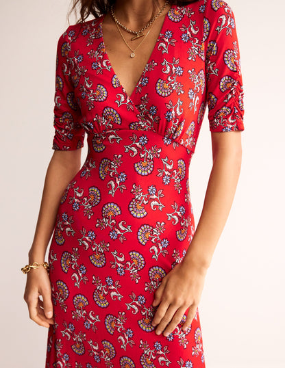 Rebecca Jersey Midi Tea Dress-Flame Scarlet, Botanical Bunch