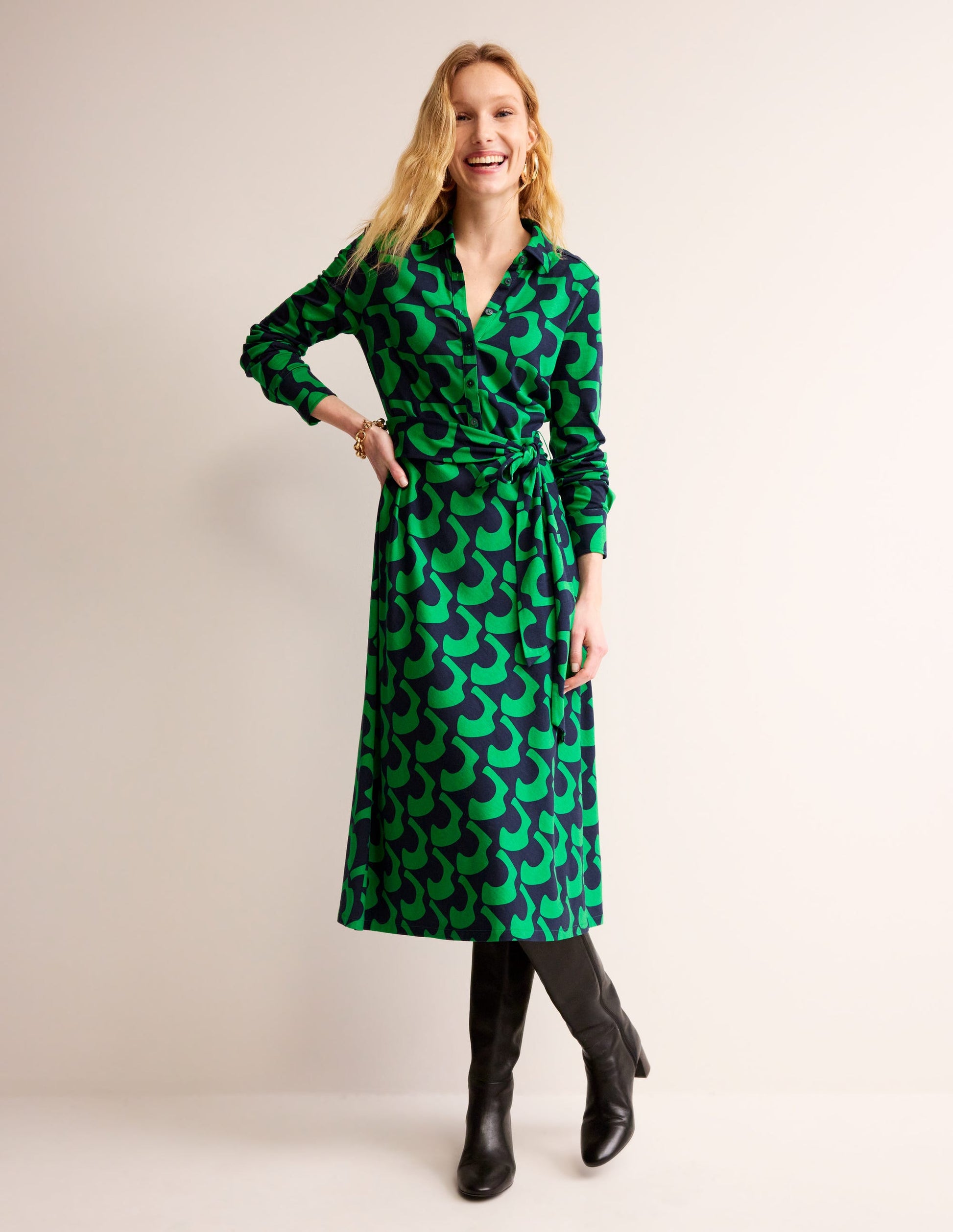 Laura Jersey Midi Shirt Dress-Green Tambourine, Arc Geo-1