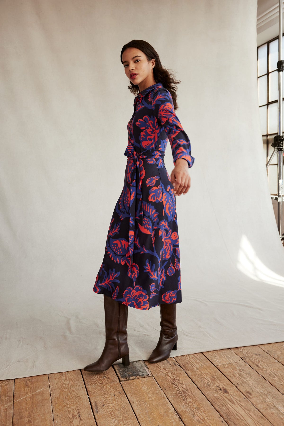 Laura Jersey Midi Shirt Dress-French Navy, Rose Blush-5