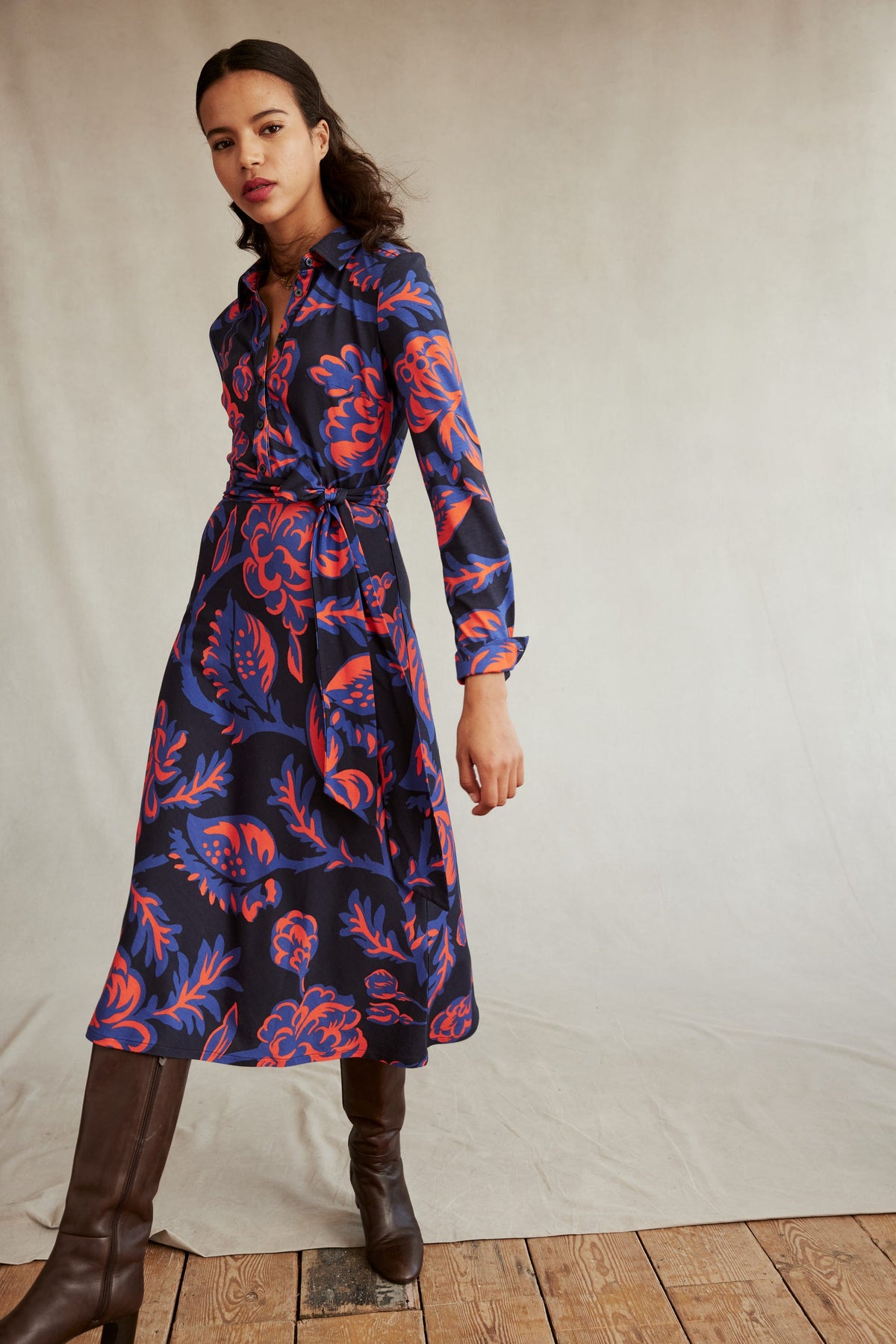 Laura Jersey Midi Shirt Dress-French Navy, Rose Blush - Image 6