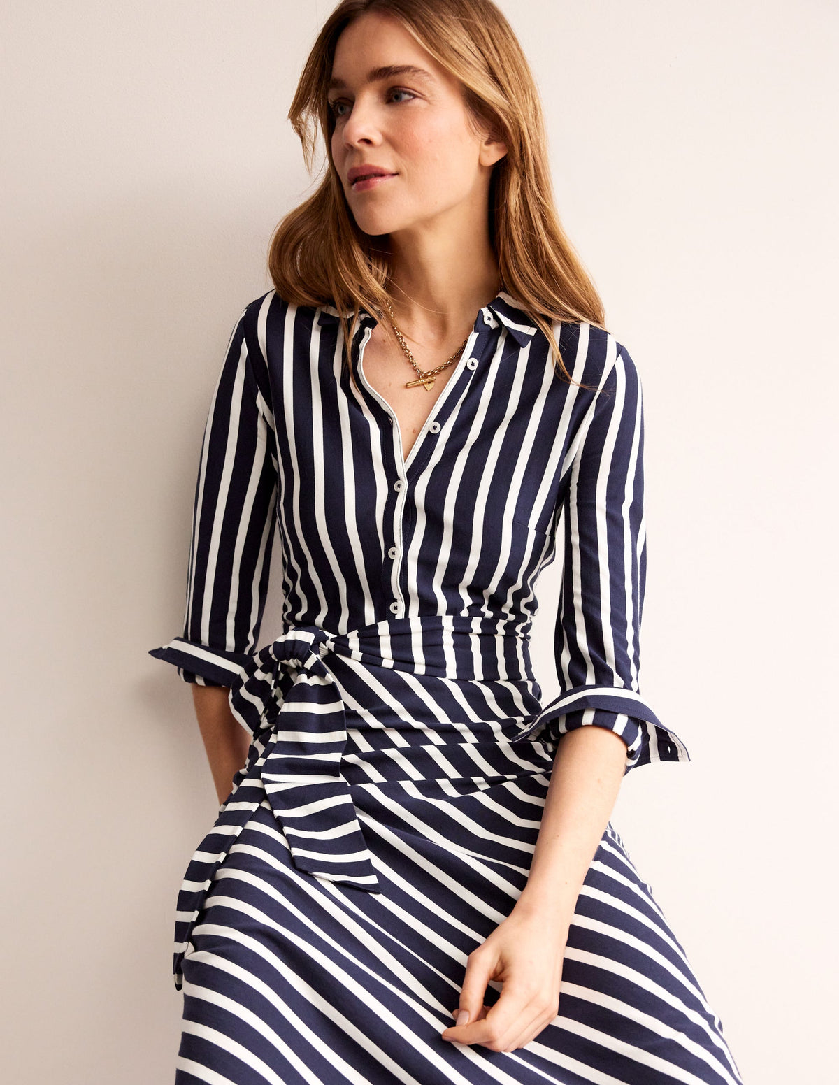 Laura Jersey Midi Shirt Dress-French Navy, Ivory Stripe - Image 1