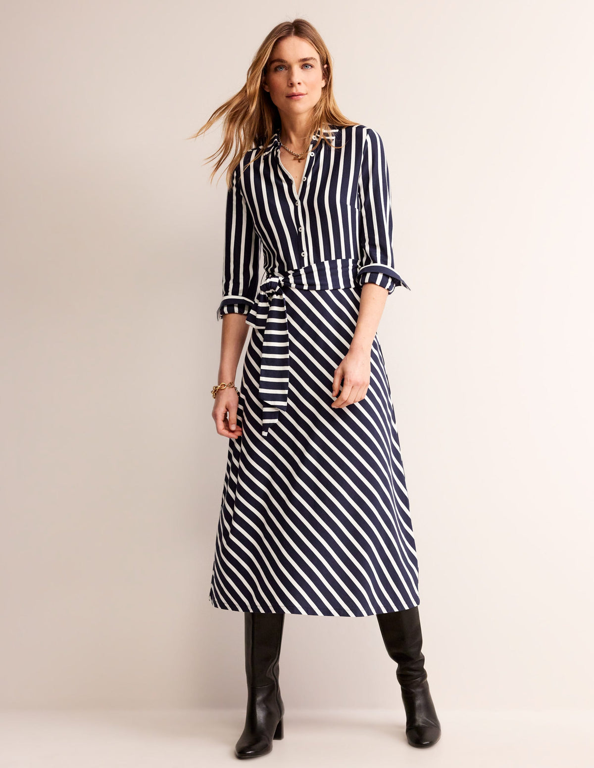 Laura Jersey Midi Shirt Dress-French Navy, Ivory Stripe - Image 2