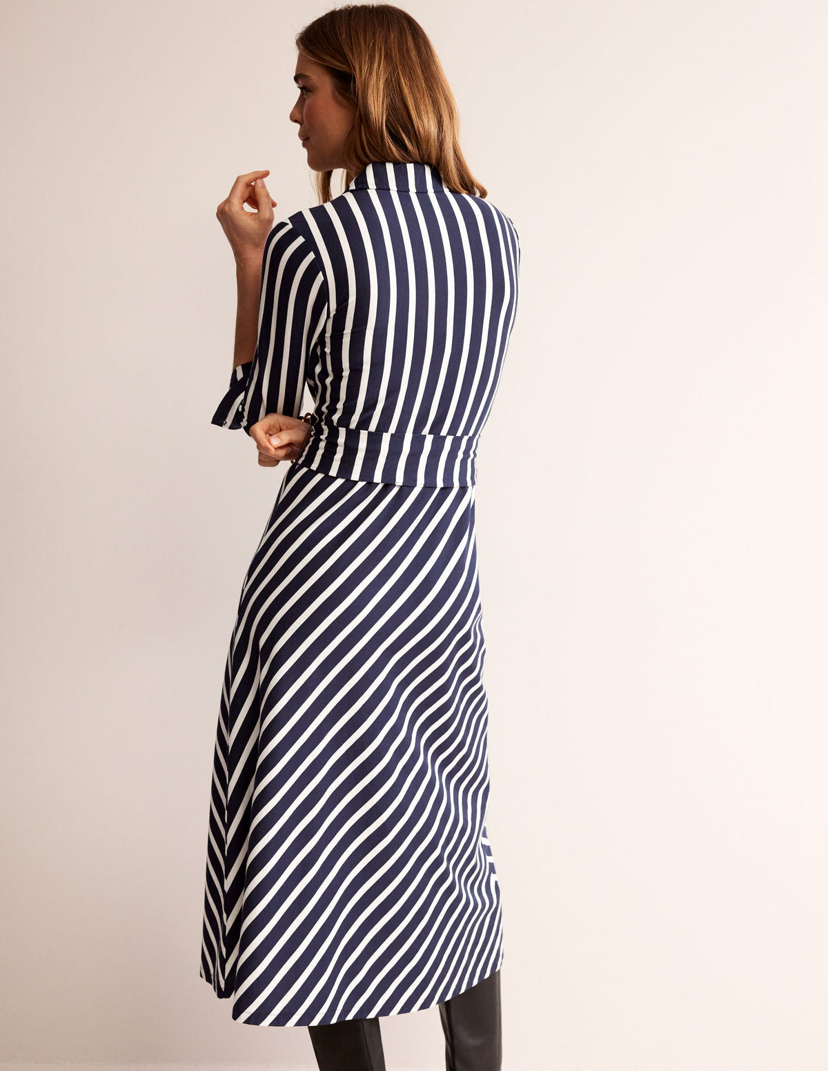 Laura Jersey Midi Shirt Dress-French Navy, Ivory Stripe - Image 3