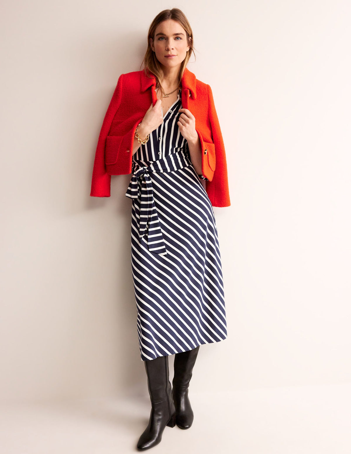 Laura Jersey Midi Shirt Dress-French Navy, Ivory Stripe - Image 4