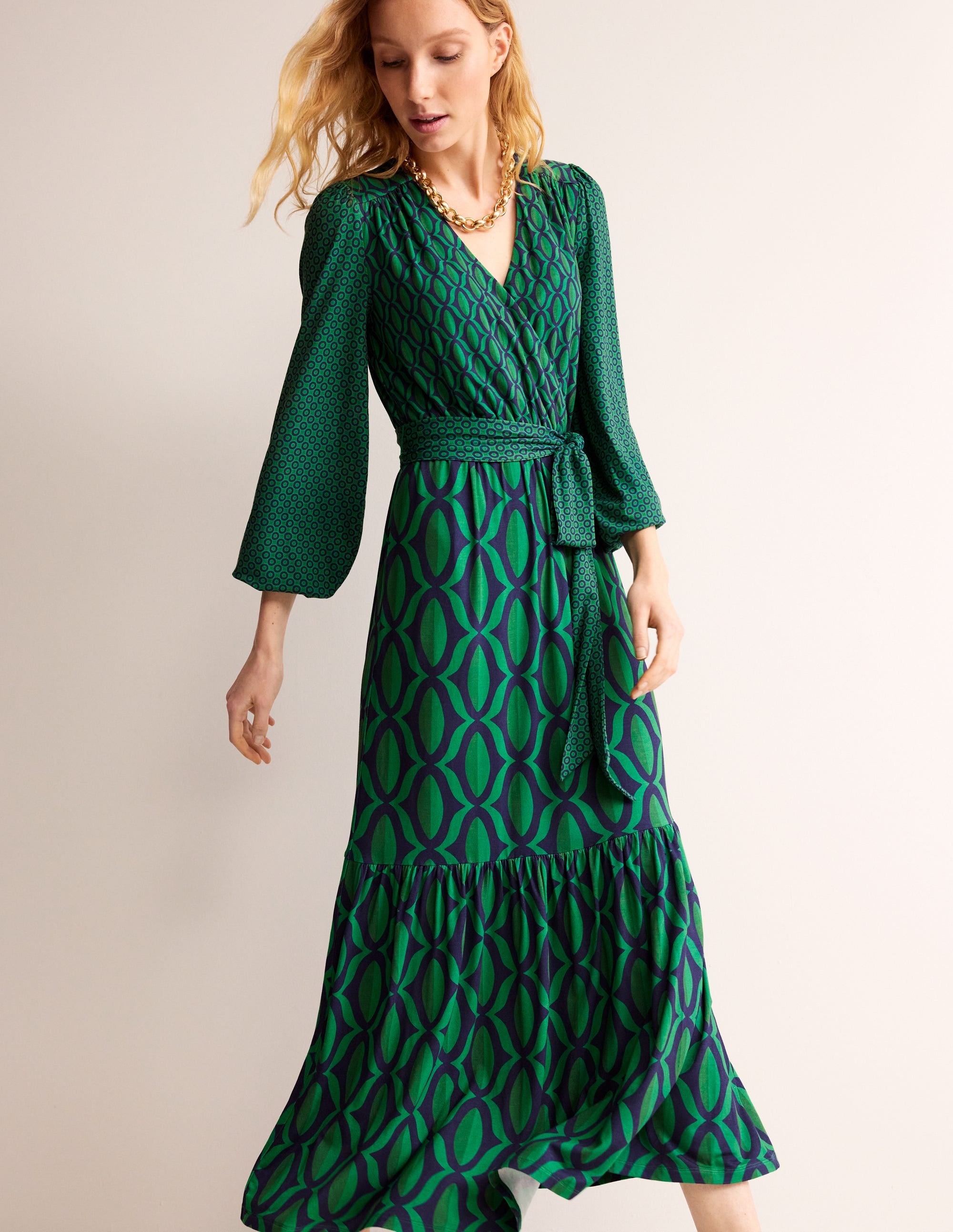 Jersey Maxi Wrap Dress-Veridian Green, Geo Valley - Image 1