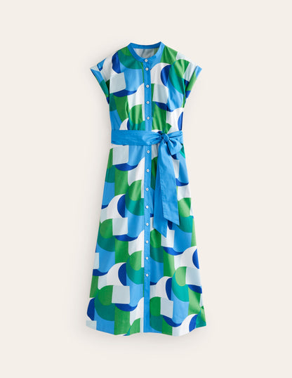 Amanda Cotton Midi Shirt Dress-Blue, Geometric Swirl-5