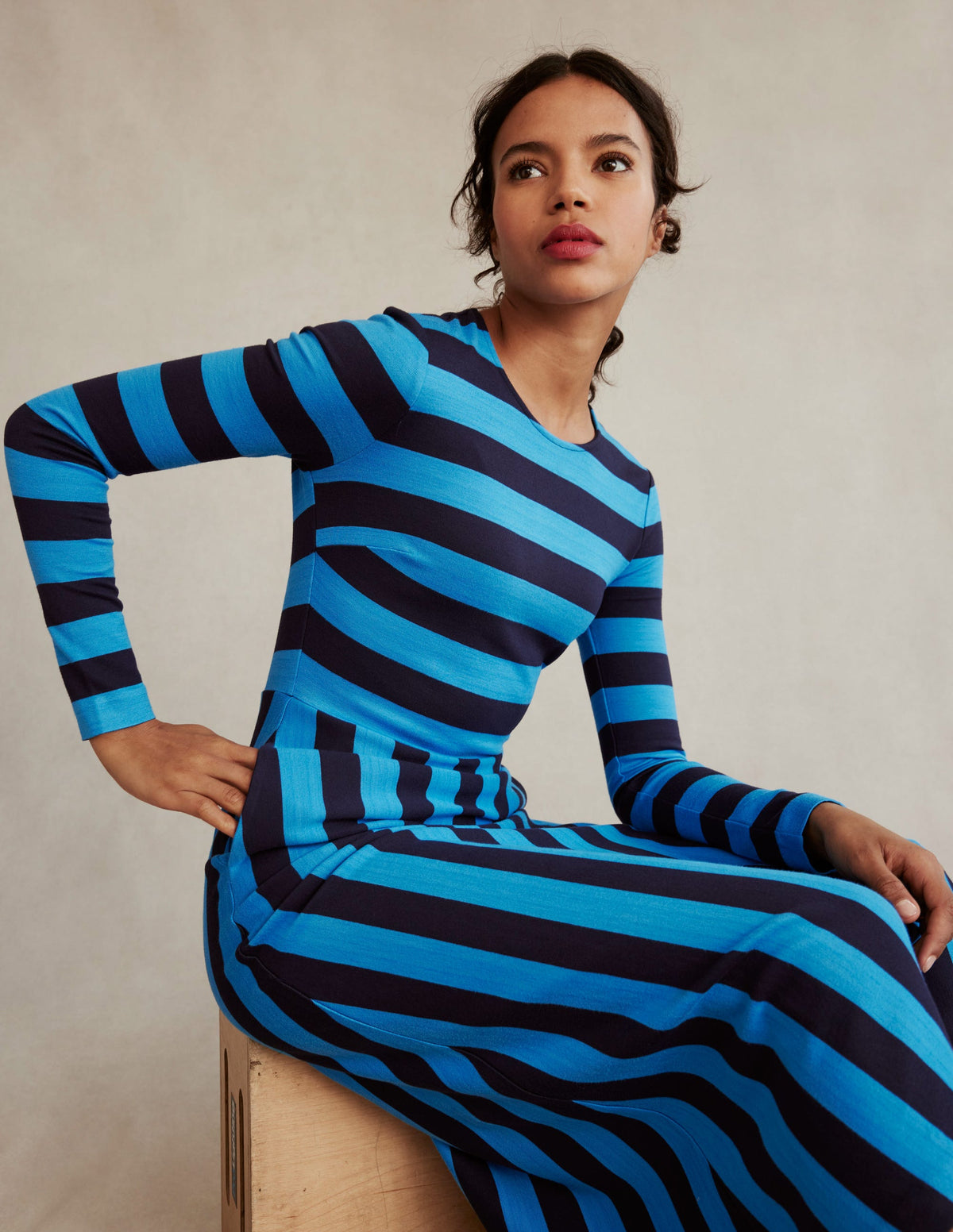 Stripe Jersey Midi Dress-Navy, Brilliant Blue Stripe - Image 5