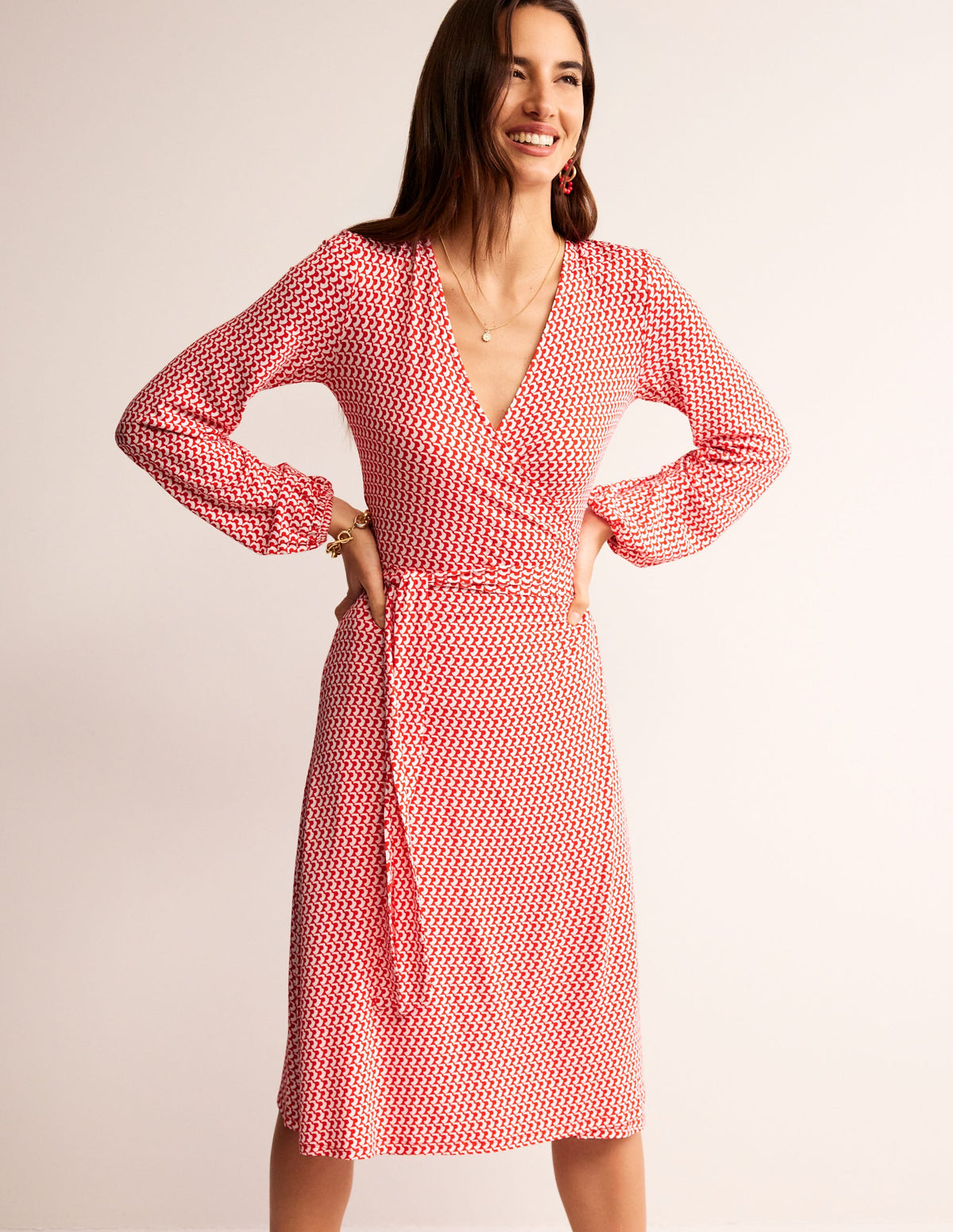 Joanna Jersey Midi Wrap Dress-Flame Scarlet, Arc Geo - Image 1