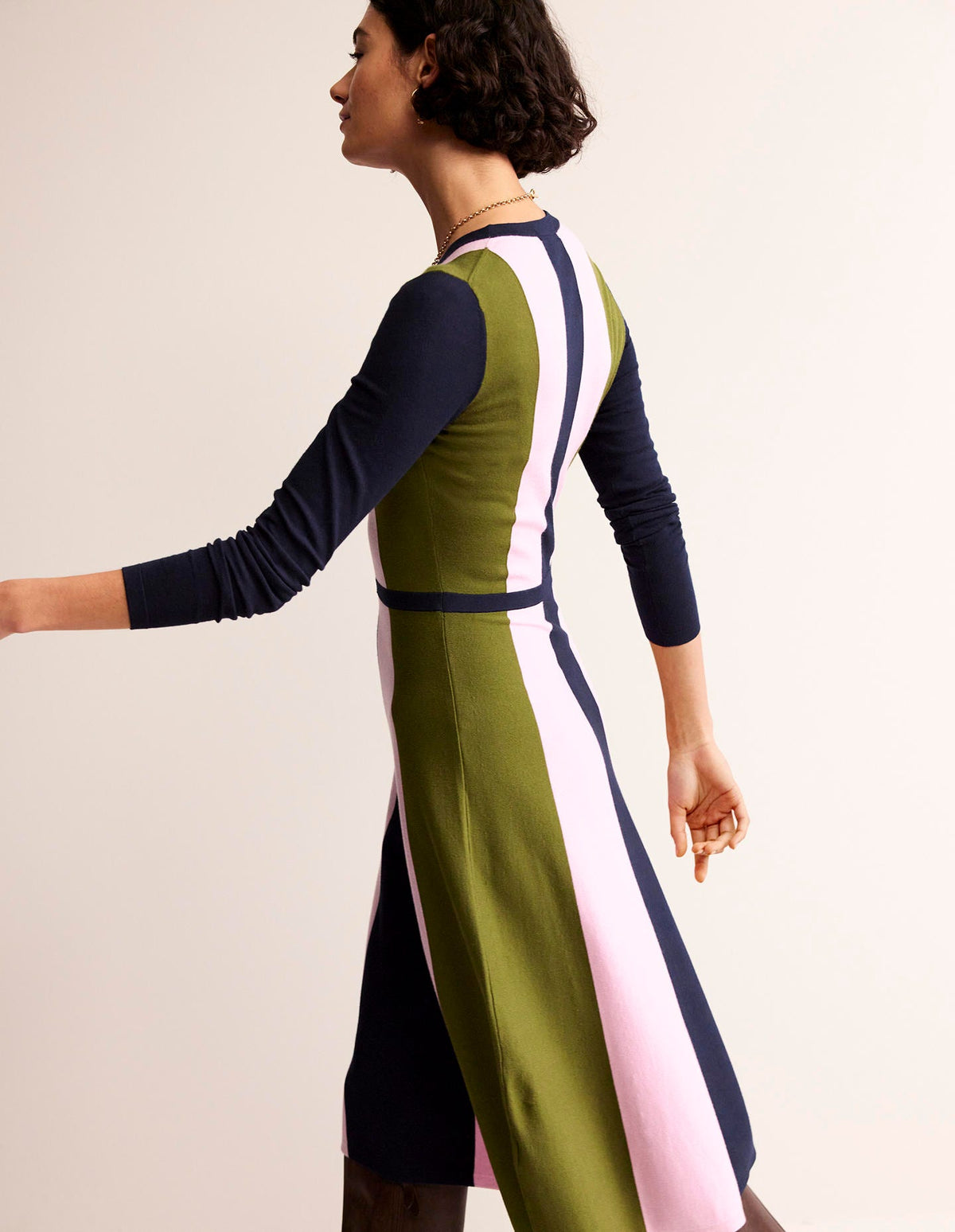 Colour Block Knitted Dress-Navy, Moss, Mauve Mist - Image 1