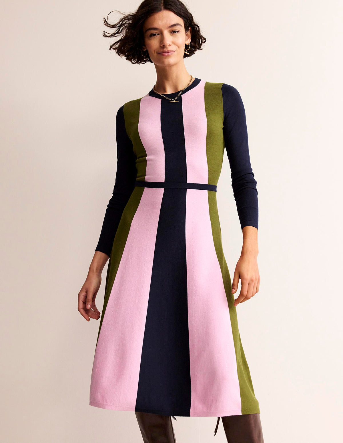 Colour Block Knitted Dress-Navy, Moss, Mauve Mist - Image 2