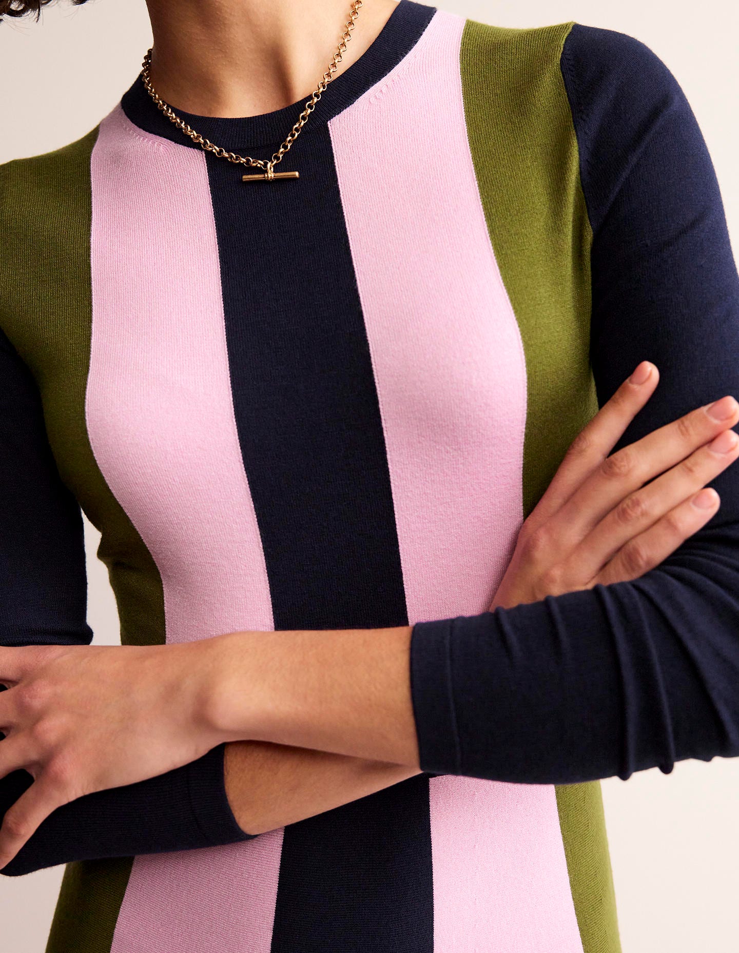 Colour Block Knitted Dress-Navy, Moss, Mauve Mist-3