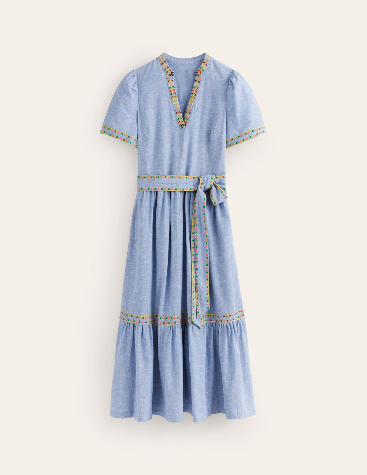 Embroidered Linen Blend Dress-Chambray-6