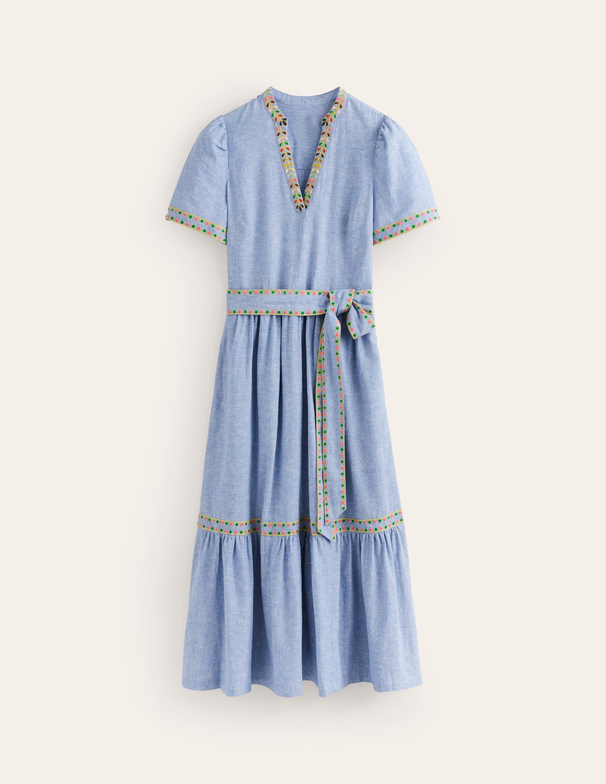 Embroidered Linen Blend Dress-Chambray - Image 6