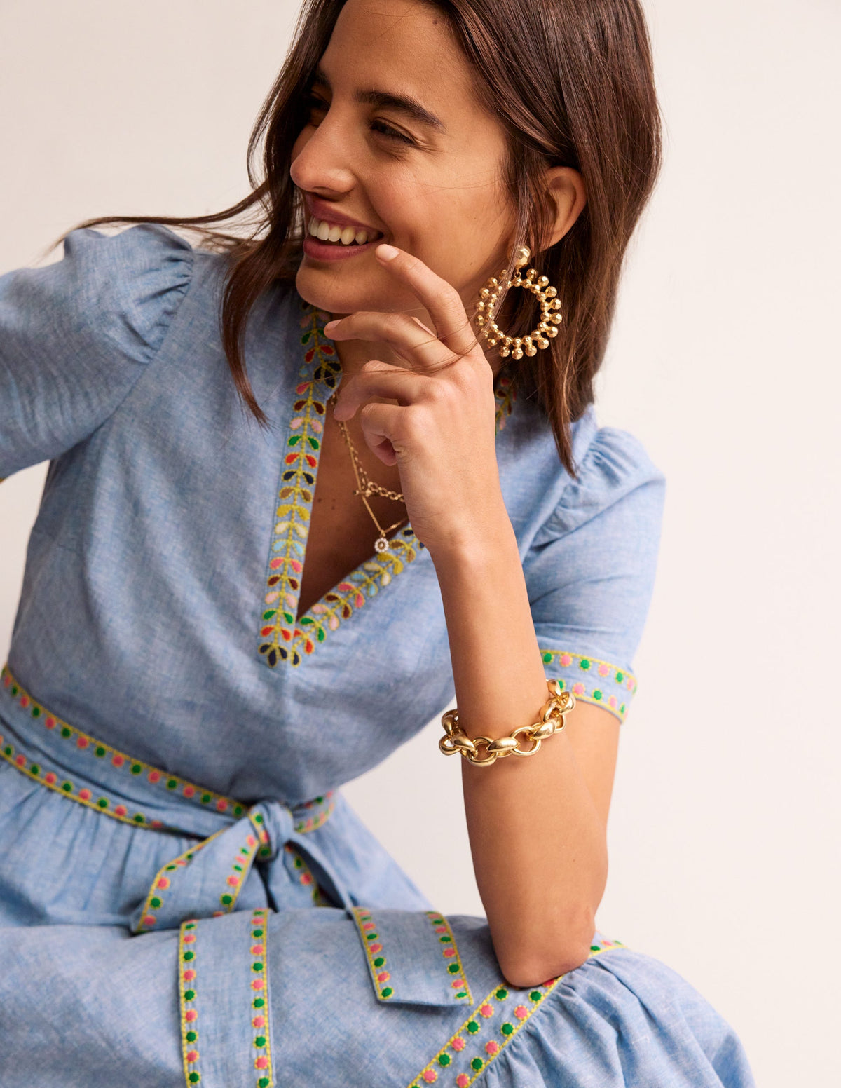 Embroidered Linen Blend Dress-Chambray-1