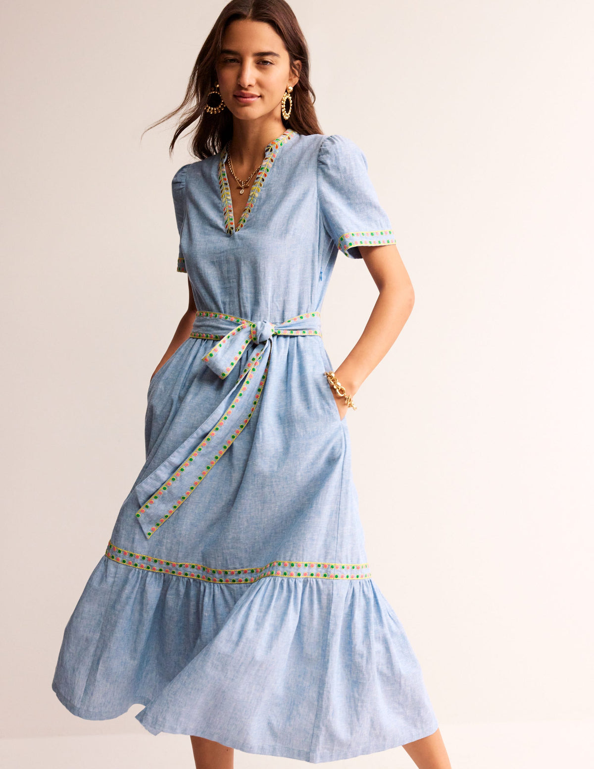 Embroidered Linen Blend Dress-Chambray - Image 2